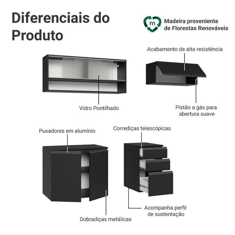 Armário de cozinha compacta 200 cm suspenso preto nice madesa 11 xa