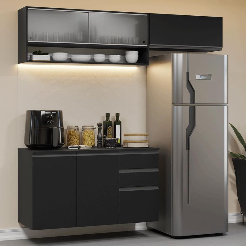 Armário de cozinha compacta 200 cm suspenso preto nice madesa 11 xa