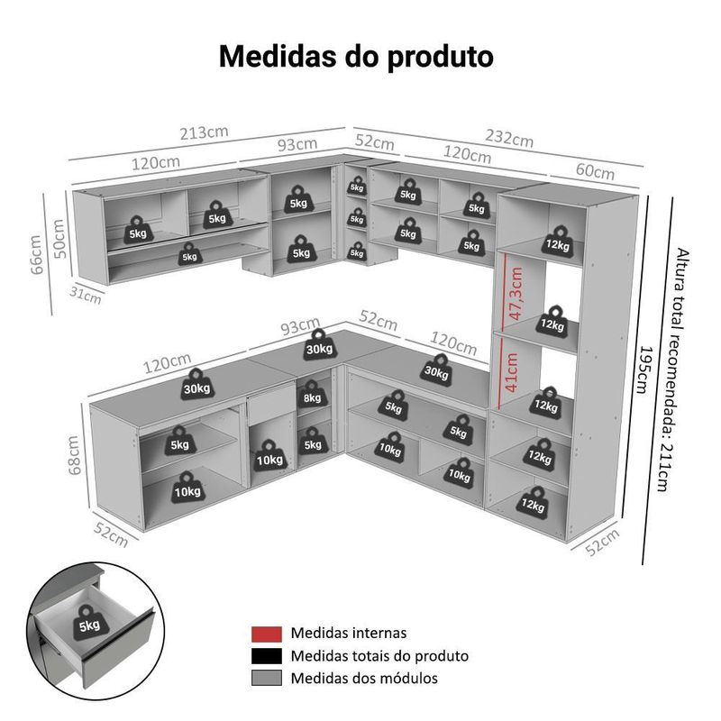 Armário de cozinha completa de canto 445cm suspensa cinza nice madesa 03