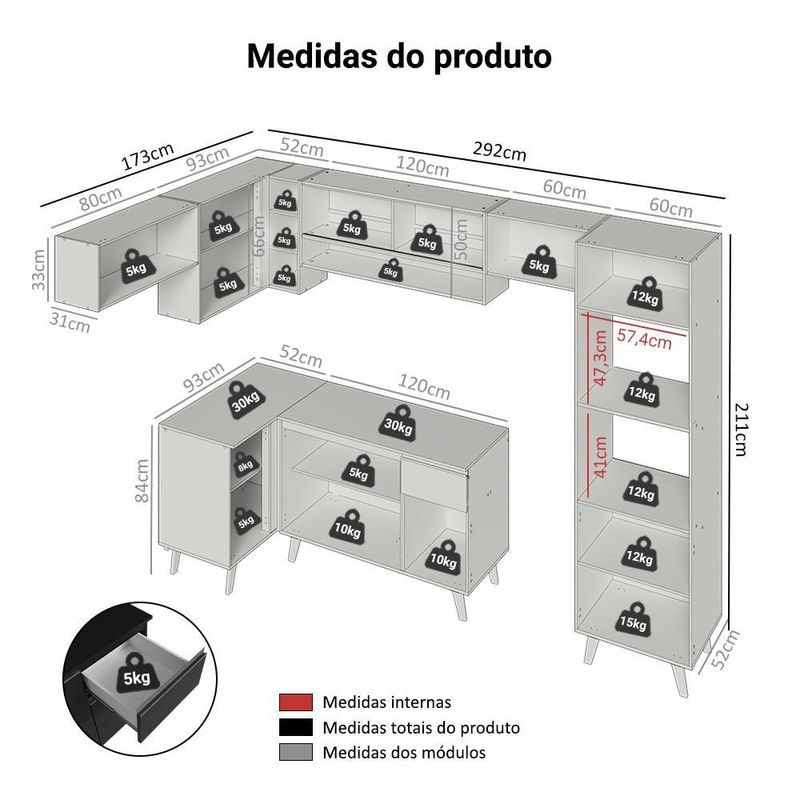 Armário de cozinha completa de canto 465 cm preto nice madesa 08