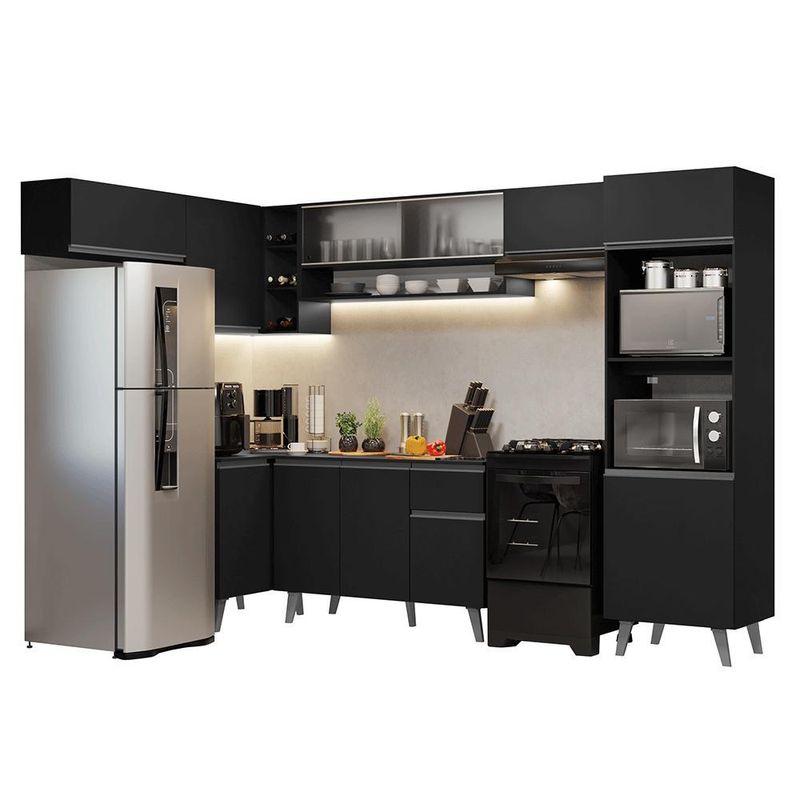 Armário de cozinha completa de canto 465 cm preto nice madesa 08