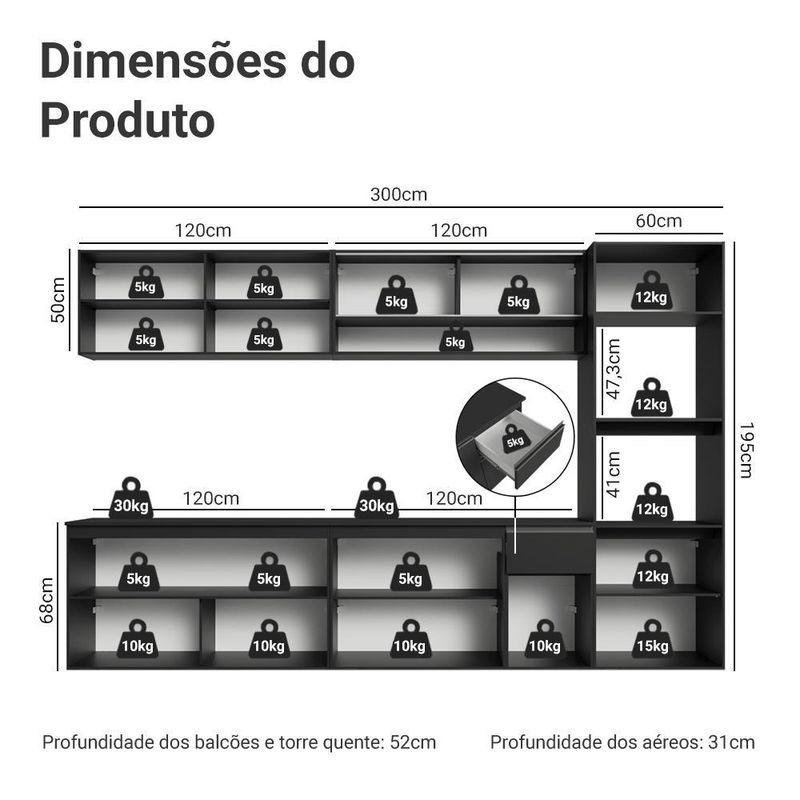 Armário de cozinha completa 300 cm suspenso preto nice madesa 03