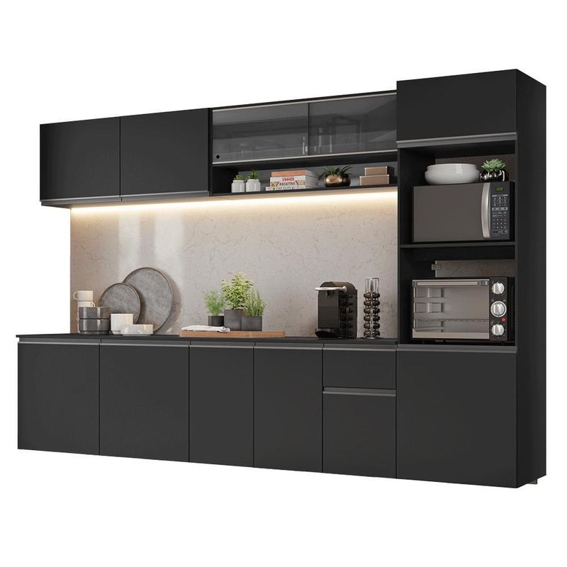 Armário de cozinha completa 300 cm suspenso preto nice madesa 03