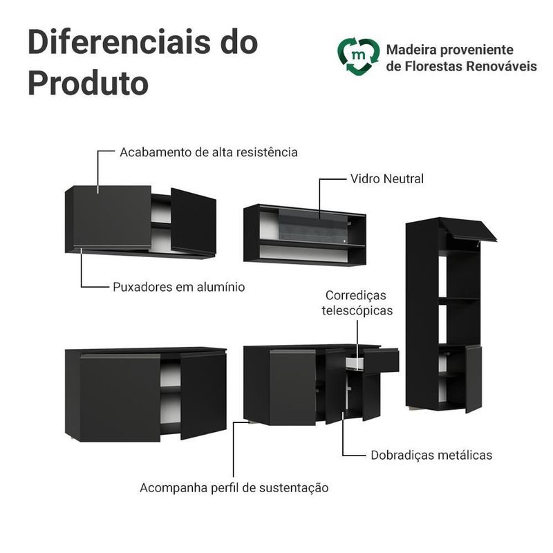 Armário de cozinha completa 300 cm suspenso preto nice madesa 03