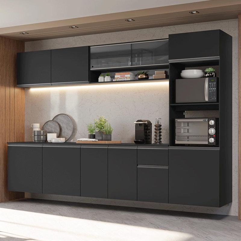 Armário de cozinha completa 300 cm suspenso preto nice madesa 03