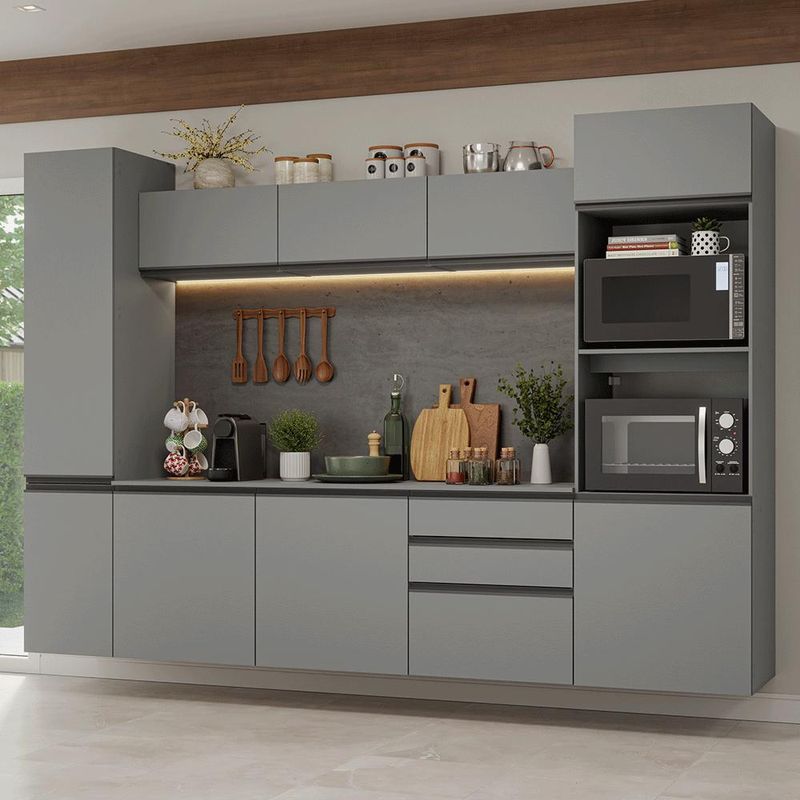 Armário de cozinha completa 280cm suspensa cinza nice madesa 06