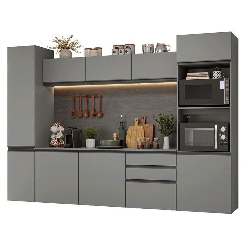 Armário de cozinha completa 280cm suspensa cinza nice madesa 06