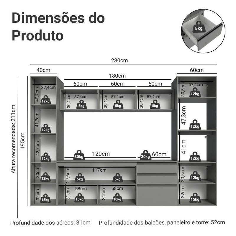 Armário de cozinha completa 280cm suspensa cinza nice madesa 06