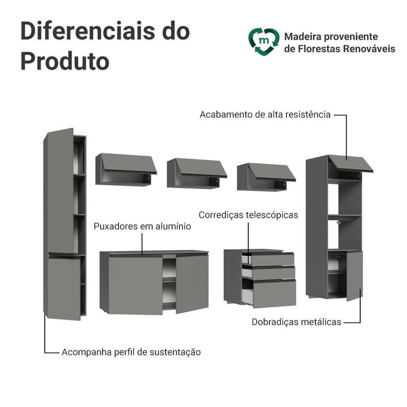 Armário de cozinha completa 280cm suspensa cinza nice madesa 06