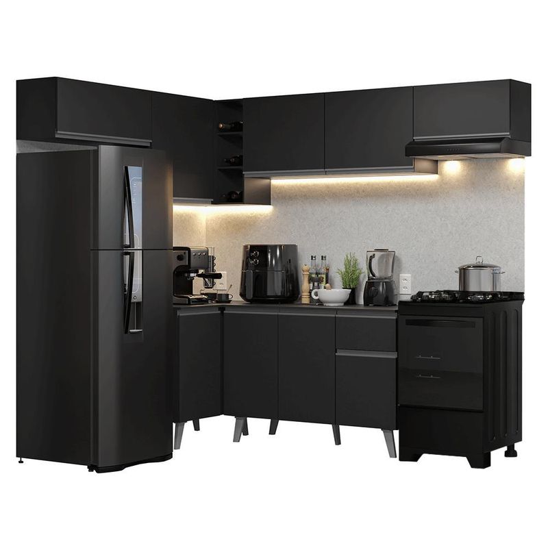 Armário de cozinha completa de canto 405 cm preto nice madesa 02
