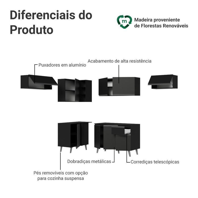 Armário de cozinha completa de canto 405 cm preto nice madesa 02