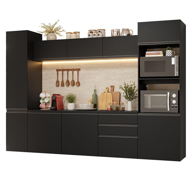 Armário de cozinha completa 280 cm suspenso preto nice madesa 06