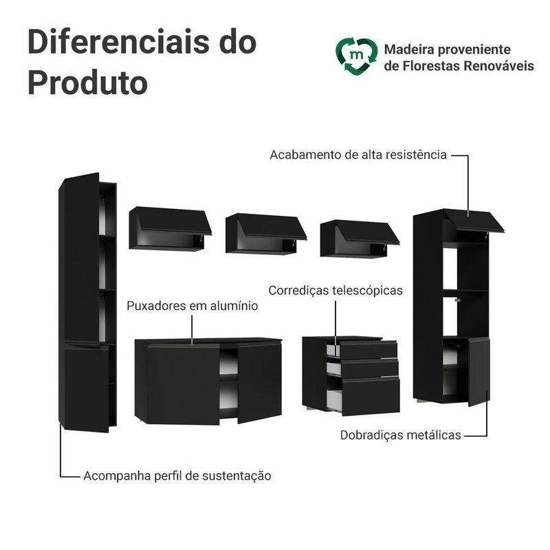 Armário de cozinha completa 280 cm suspenso preto nice madesa 06