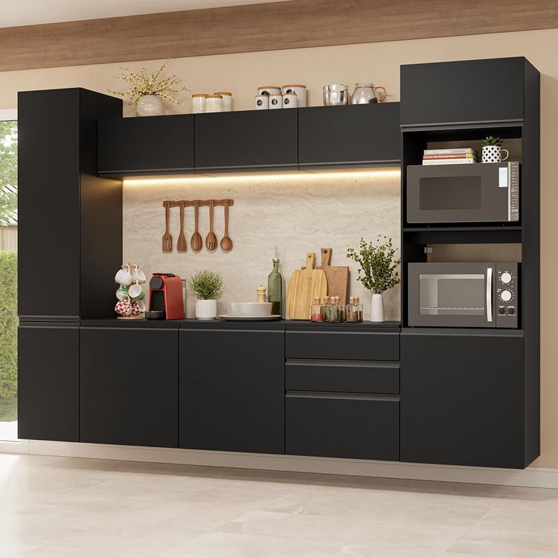 Armário de cozinha completa 280 cm suspenso preto nice madesa 06
