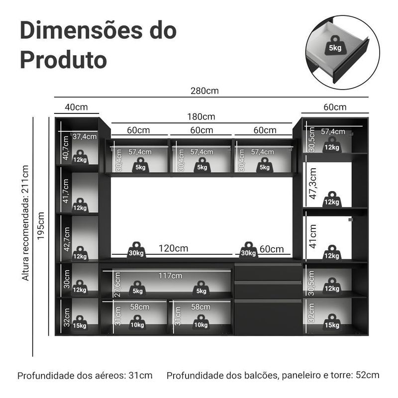 Armário de cozinha completa 280 cm suspenso preto nice madesa 06