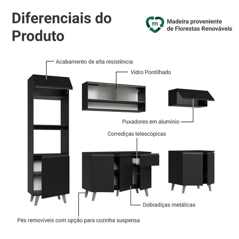 Armário de cozinha completa 260 cm preto nice madesa 02