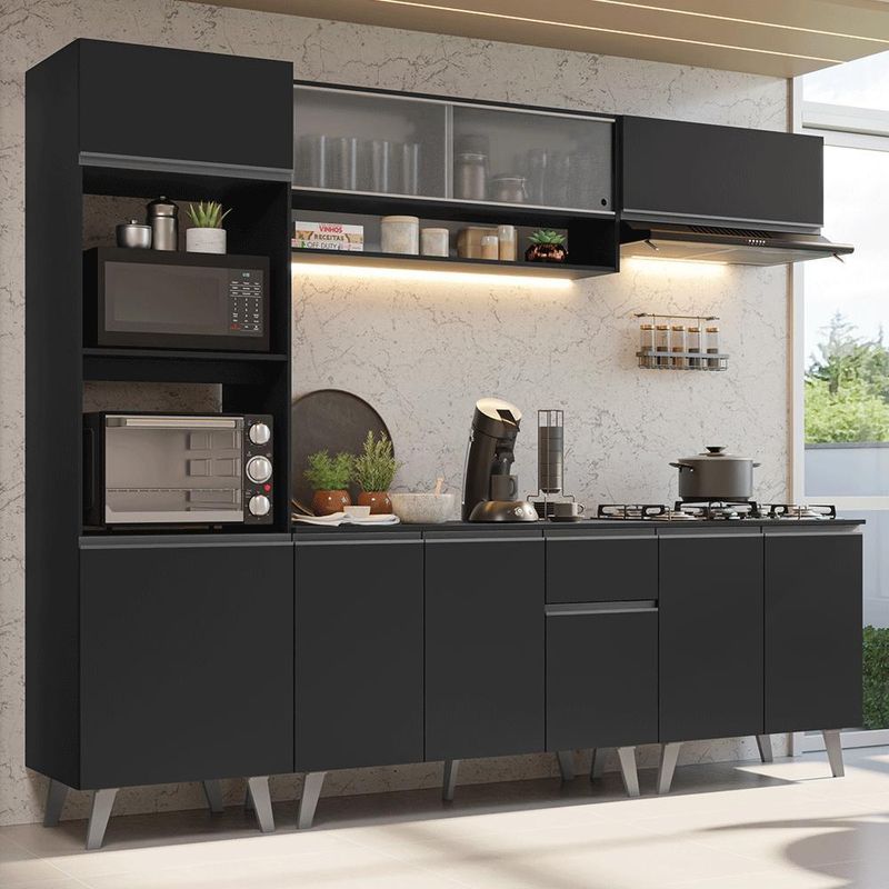 Armário de cozinha completa 260 cm preto nice madesa 02