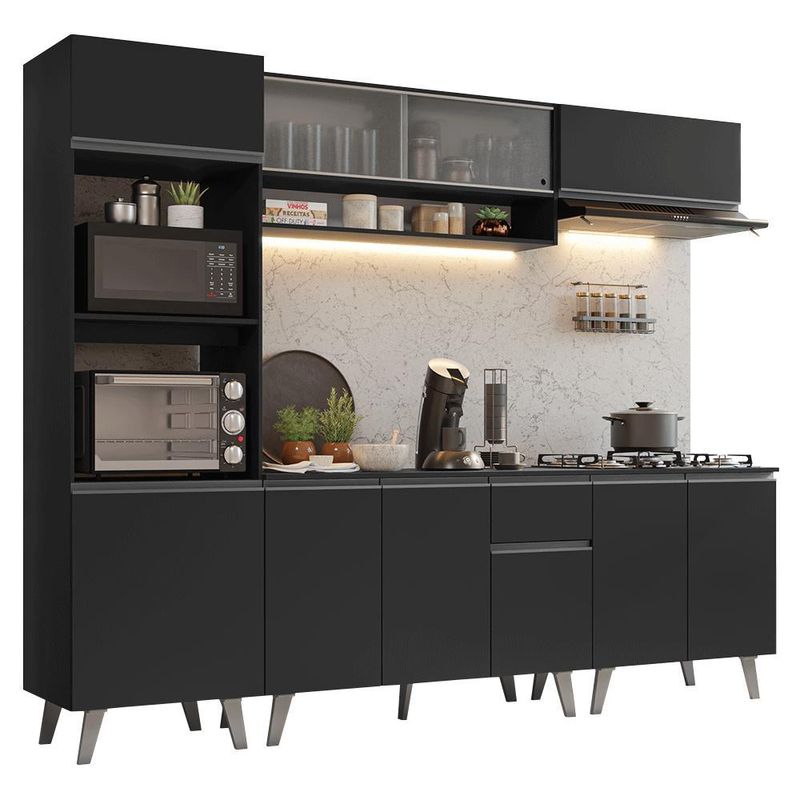 Armário de cozinha completa 260 cm preto nice madesa 02