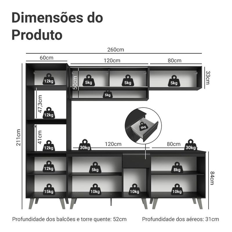 Armário de cozinha completa 260 cm preto nice madesa 02