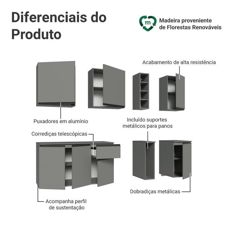 Armário de cozinha compacta 180 cm suspenso cinza nice madesa 04