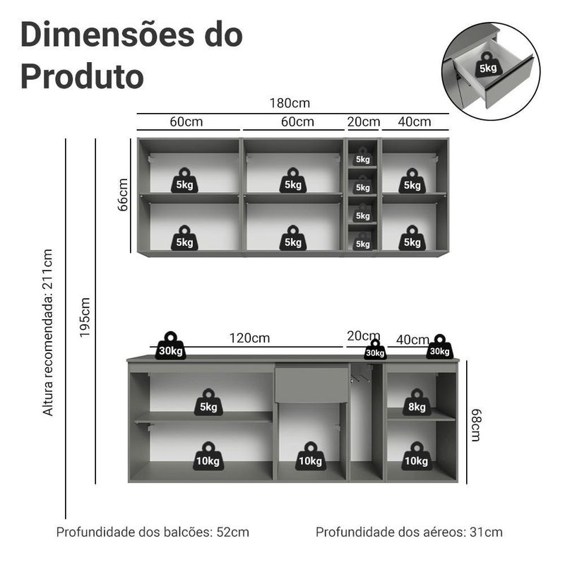 Armário de cozinha compacta 180 cm suspenso cinza nice madesa 04