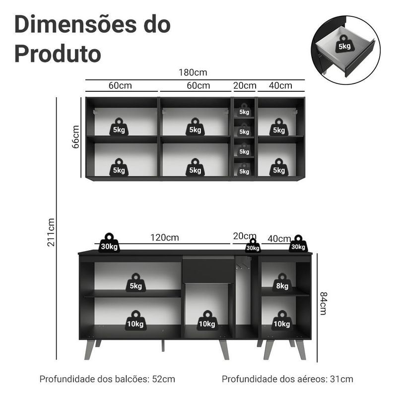 Armário de cozinha compacta 180 cm preto nice madesa 01