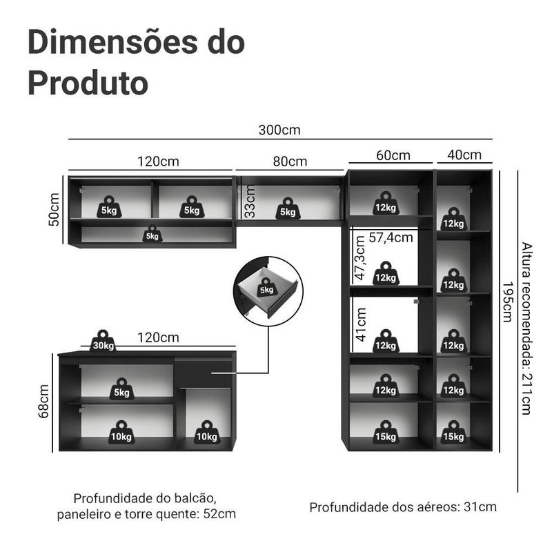 Armário de cozinha completa 300 cm suspenso preto nice madesa 07