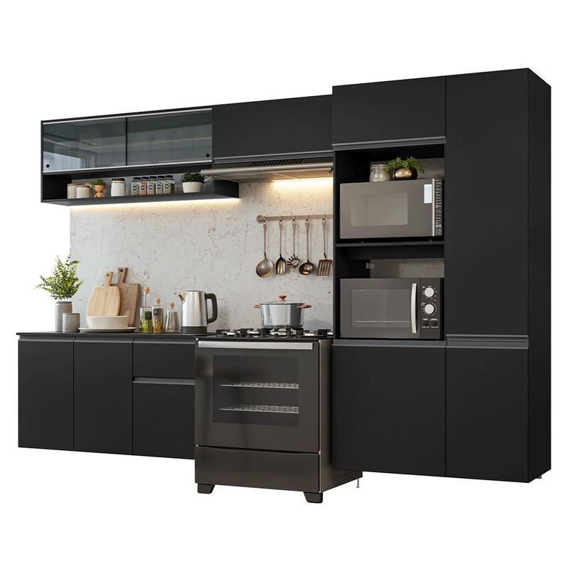 Armário de cozinha completa 300 cm suspenso preto nice madesa 07