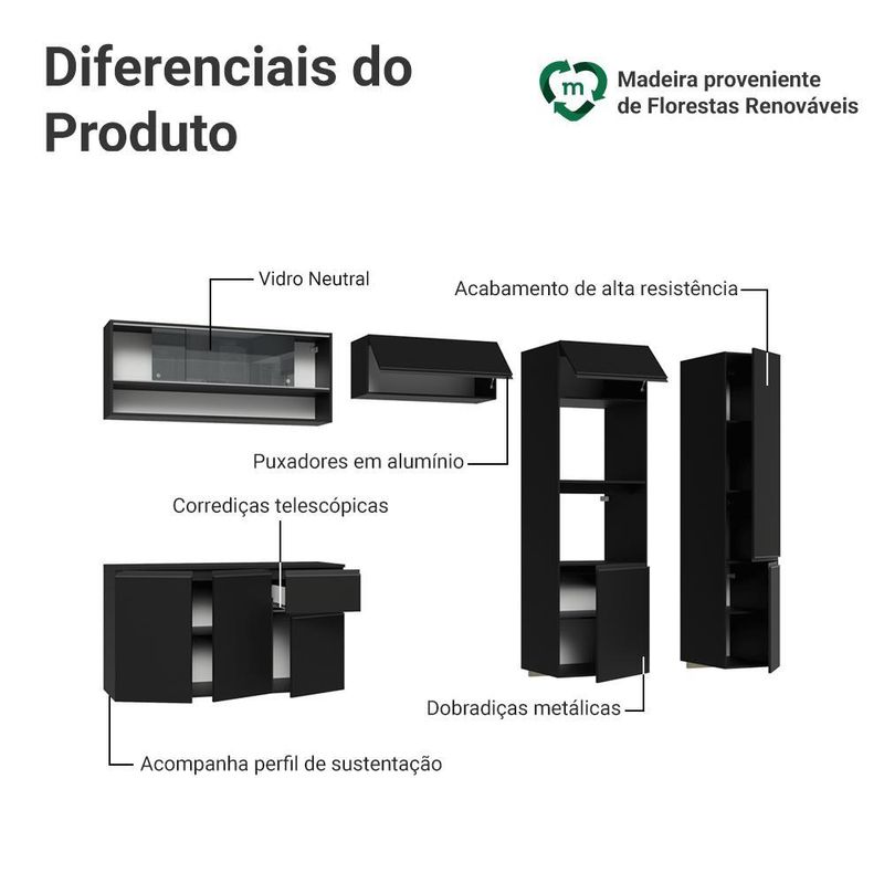 Armário de cozinha completa 300 cm suspenso preto nice madesa 07