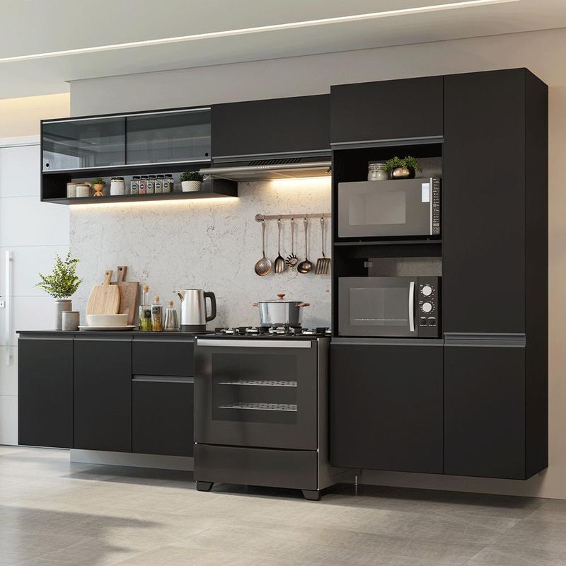 Armário de cozinha completa 300 cm suspenso preto nice madesa 07