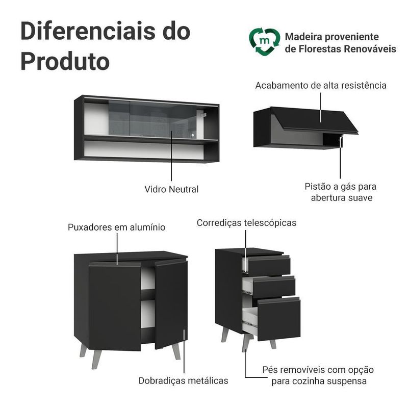 Armário de cozinha compacta 200cm preto nice madesa 14