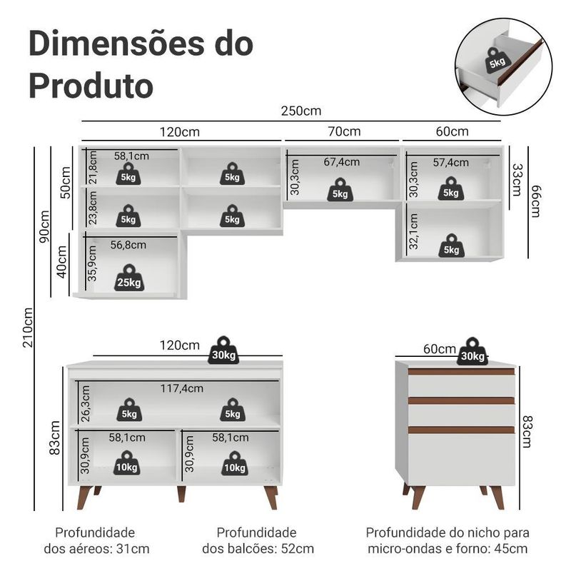 Armário de cozinha completa 250cm branco reims madesa 09