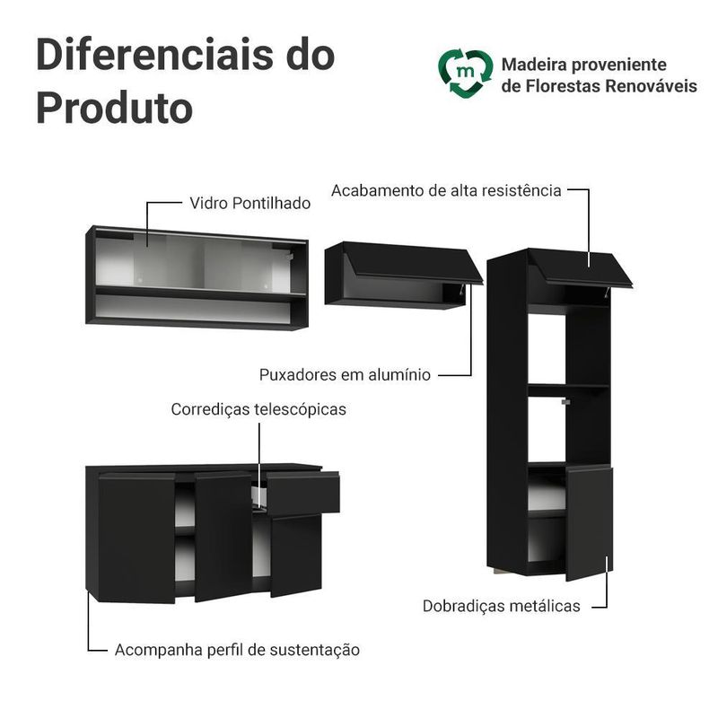 Armário de cozinha completa 260 cm suspenso preto nice madesa 11
