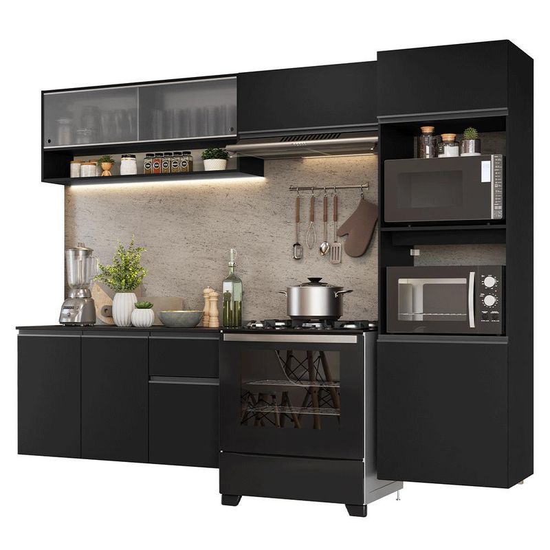 Armário de cozinha completa 260 cm suspenso preto nice madesa 11