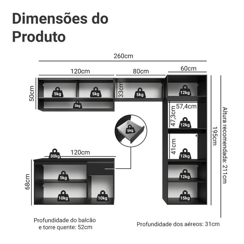 Armário de cozinha completa 260 cm suspenso preto nice madesa 11