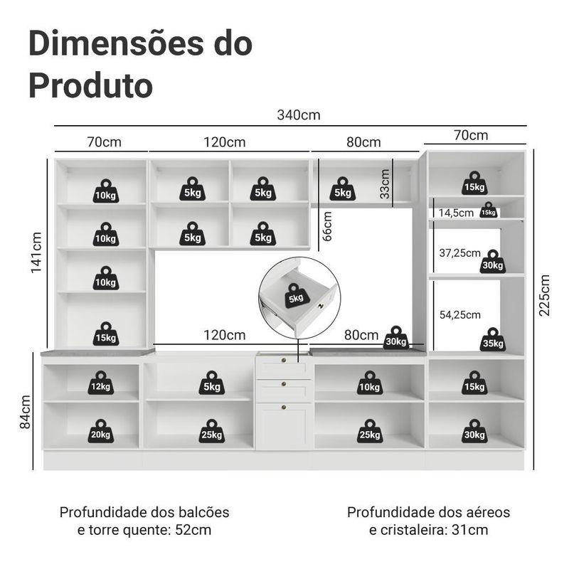 Armário de cozinha completa 340 cm branco vik madesa 01