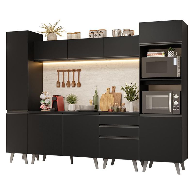 Armário de cozinha completa 280 cm preto nice madesa 01