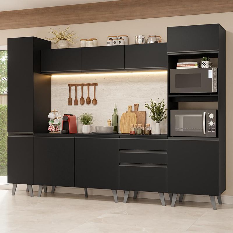 Armário de cozinha completa 280 cm preto nice madesa 01