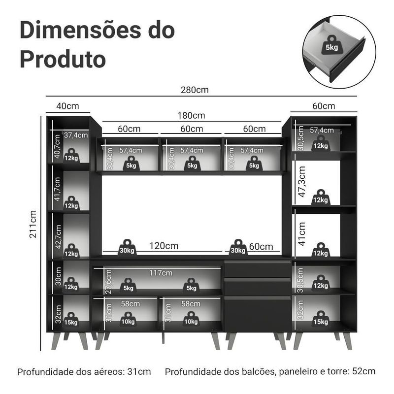 Armário de cozinha completa 280 cm preto nice madesa 01