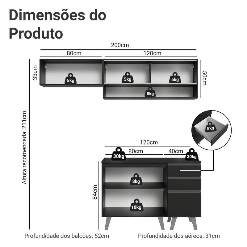 Armário de cozinha compacta 200 cm preto nice madesa 14