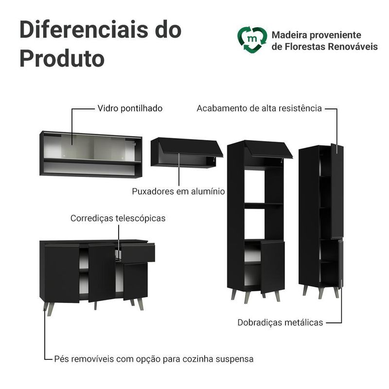 Armário de cozinha completa 300 cm preto nice madesa 08