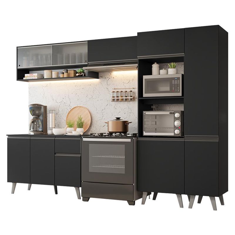 Armário de cozinha completa 300 cm preto nice madesa 08