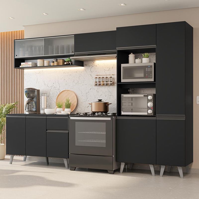 Armário de cozinha completa 300 cm preto nice madesa 08