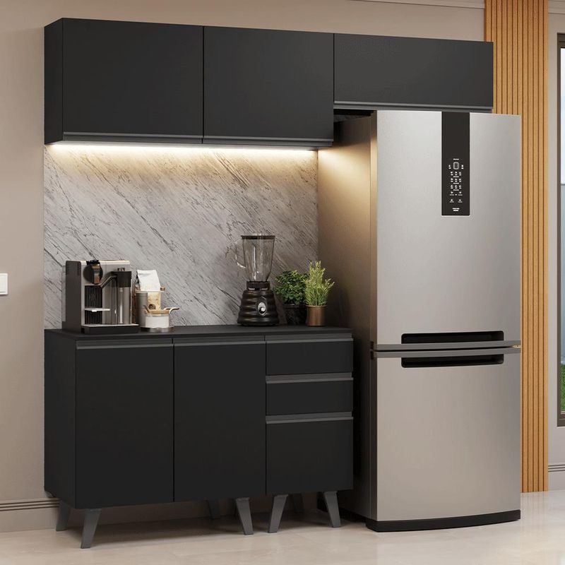 Armário de cozinha compacta 200 cm preto nice madesa 06 xa