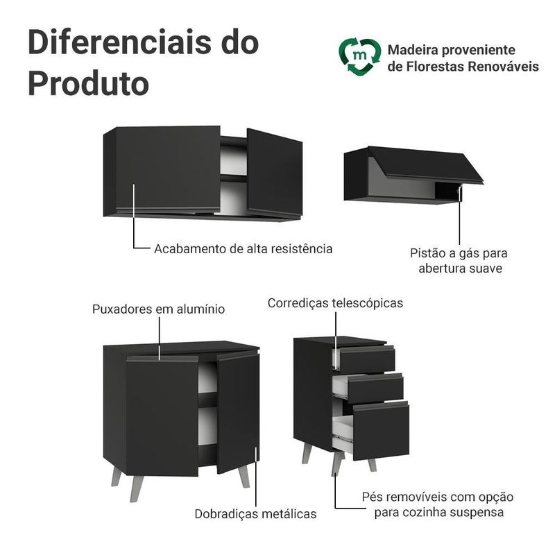 Armário de cozinha compacta 200 cm preto nice madesa 06 xa