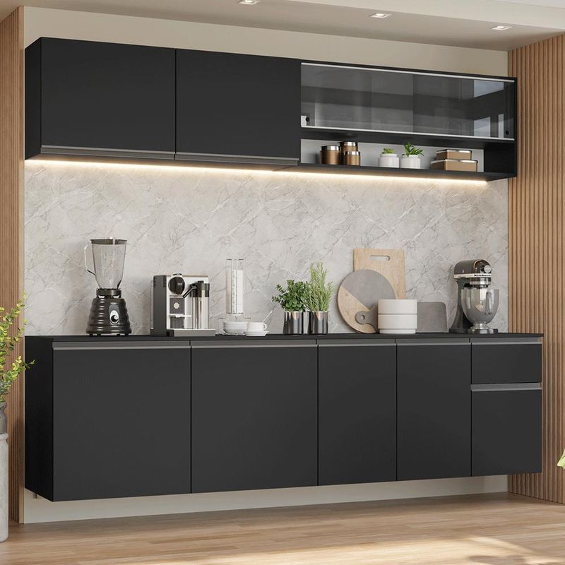 Armário de cozinha completa 260 cm suspenso preto nice madesa 05