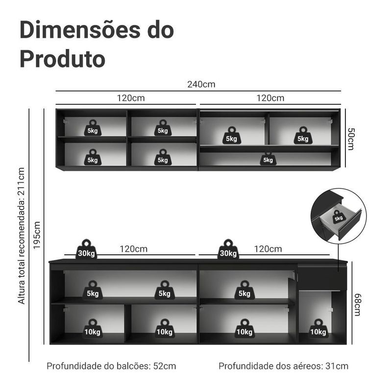 Armário de cozinha completa 260 cm suspenso preto nice madesa 05
