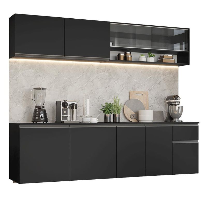 Armário de cozinha completa 260 cm suspenso preto nice madesa 05