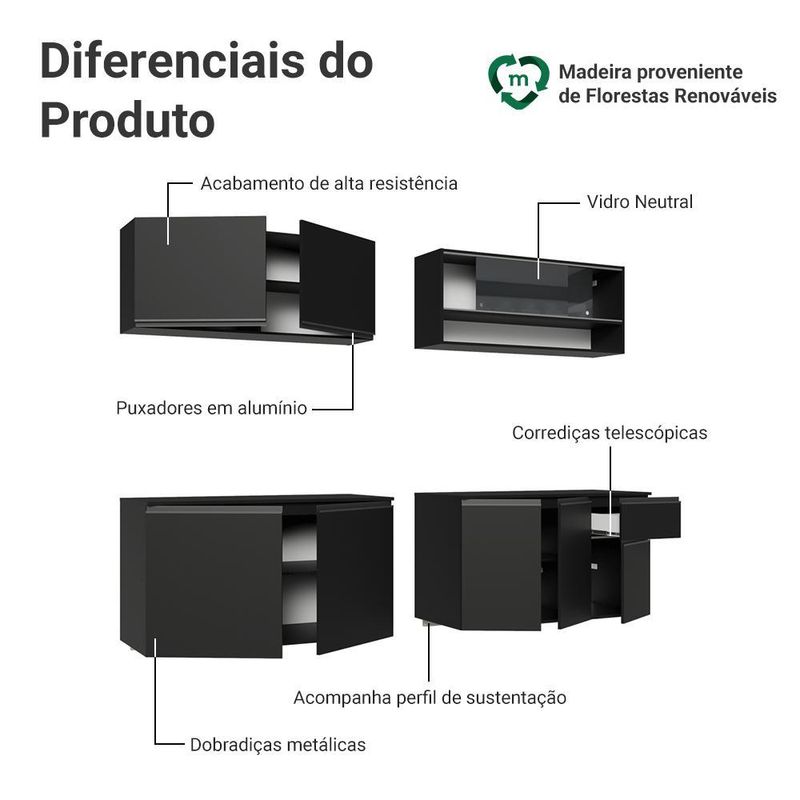 Armário de cozinha completa 260 cm suspenso preto nice madesa 05