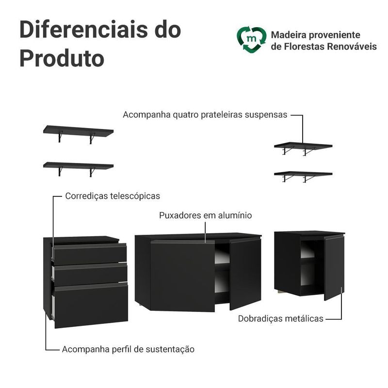 Armário de cozinha completa 240 cm suspenso preto nice madesa 10